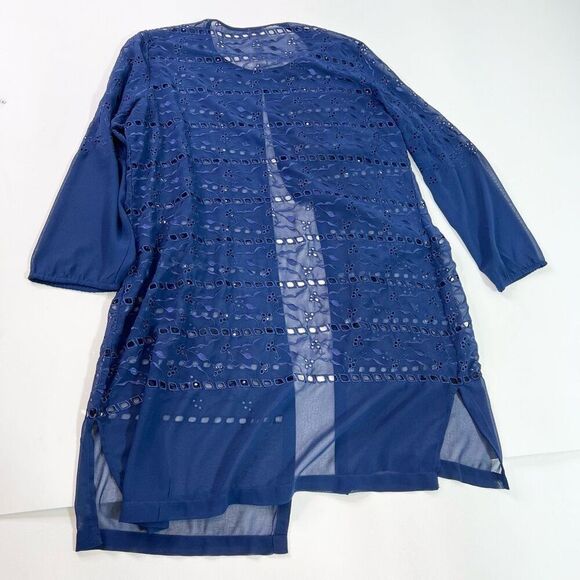 Chico's Cardigan Sweater Women Large Eyelet Embroidered Sheer Long New Navy - Picture 9 of 12